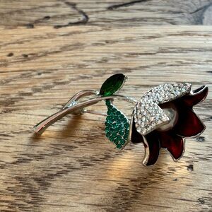 Red Rose Brooch with Green Leaves